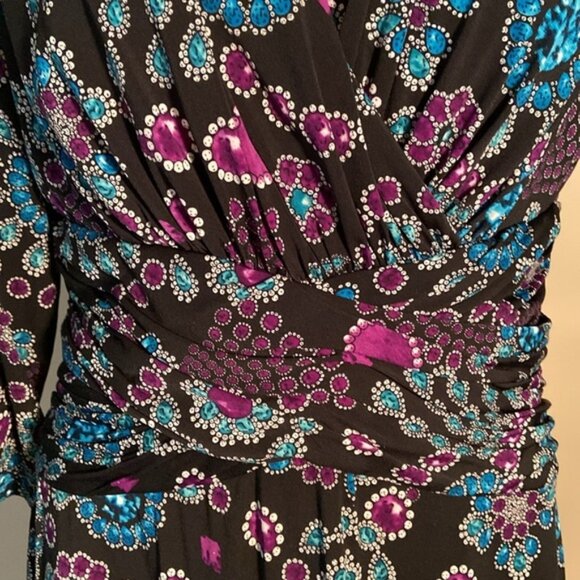 Clues Collection Black Jewel Print Long Sleeve Stretch Maxi Wrapped Dress V Neck - Picture 4 of 8